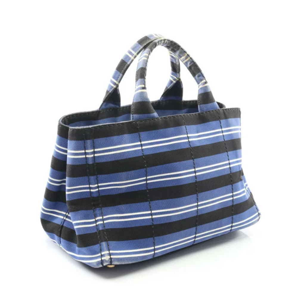 Prada Tote Blue Canapa Black Canvas Bag White 2way Black White